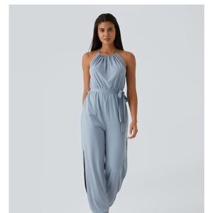 NWT HALARA Sleeveless Light Blue Cut-out Cool-touch Jumpsuit with Tie Waist